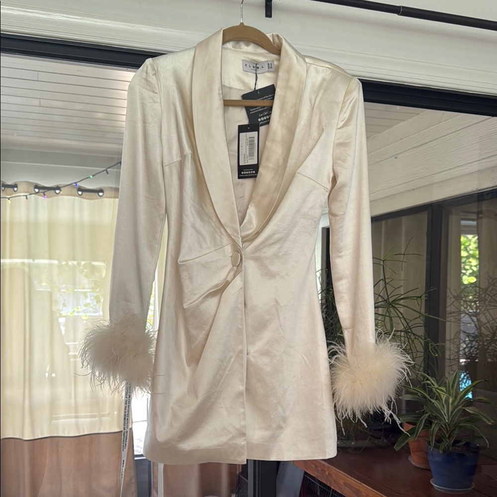 Club L London Ivory Satin Blazer Mini Dress with Feather Cuffs